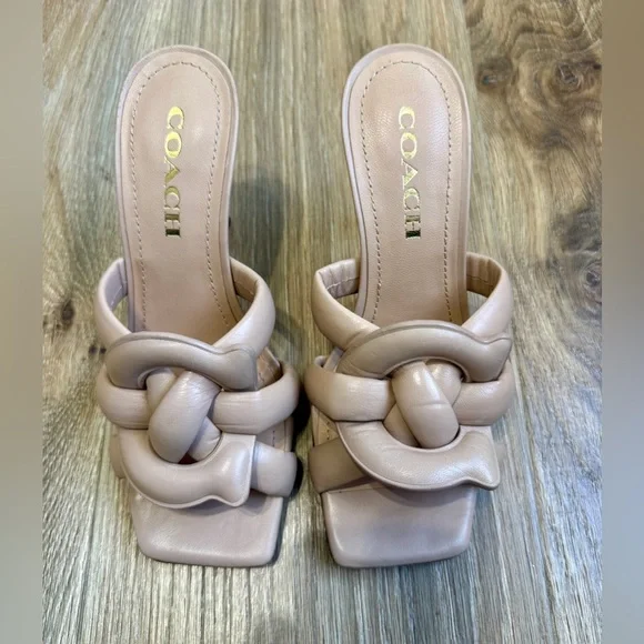Coach Blush Nude Leather Knotted Mule Heels Square Toe Size 7 - Picture 3 of 9